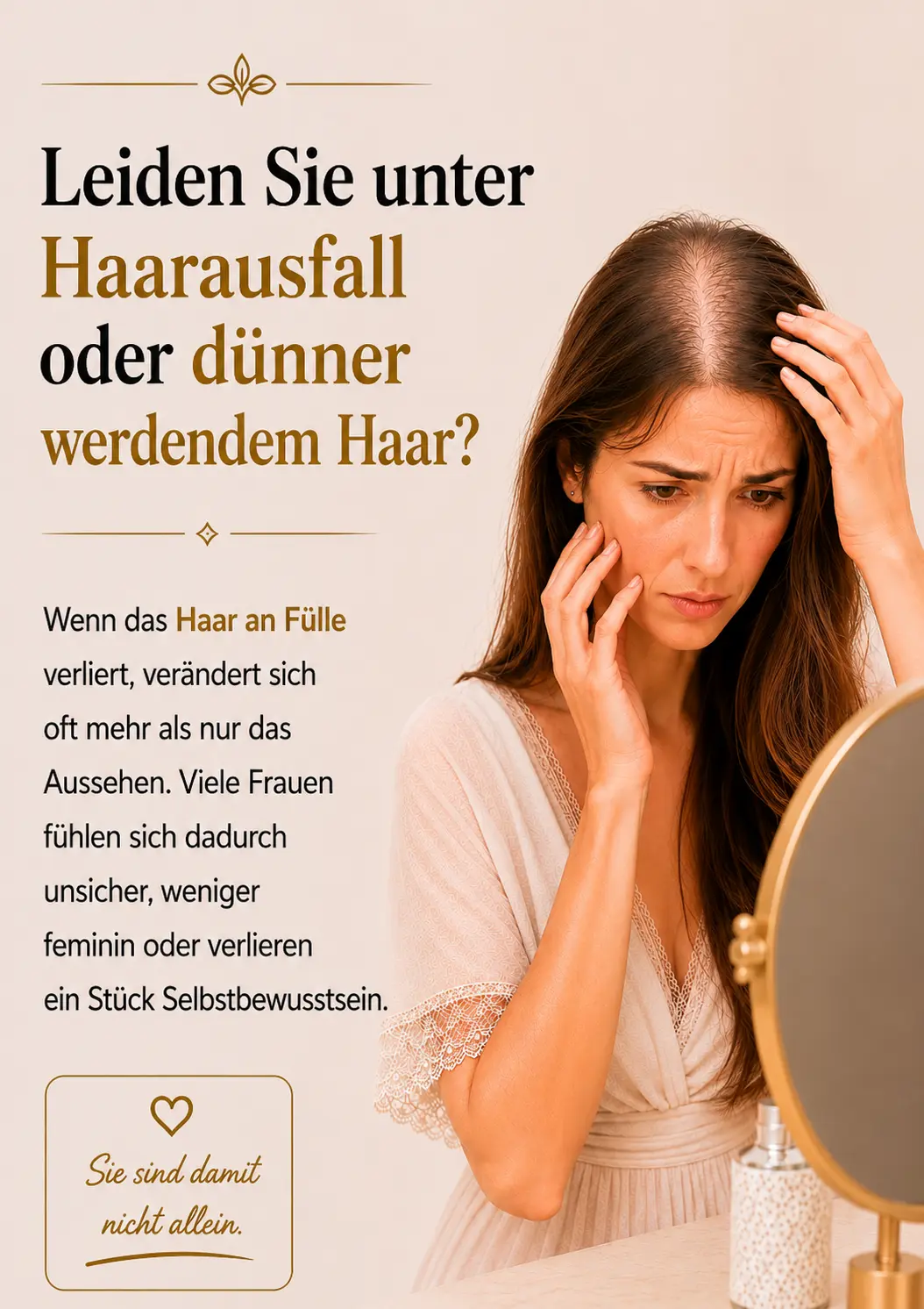 Anti-Haarausfall Behandlung bei Friseur Style Nicole – Frau mit dünner werdendem Haar während einer emotionalen Beauty- und Haaranalyse in elegantem Salonambiente.