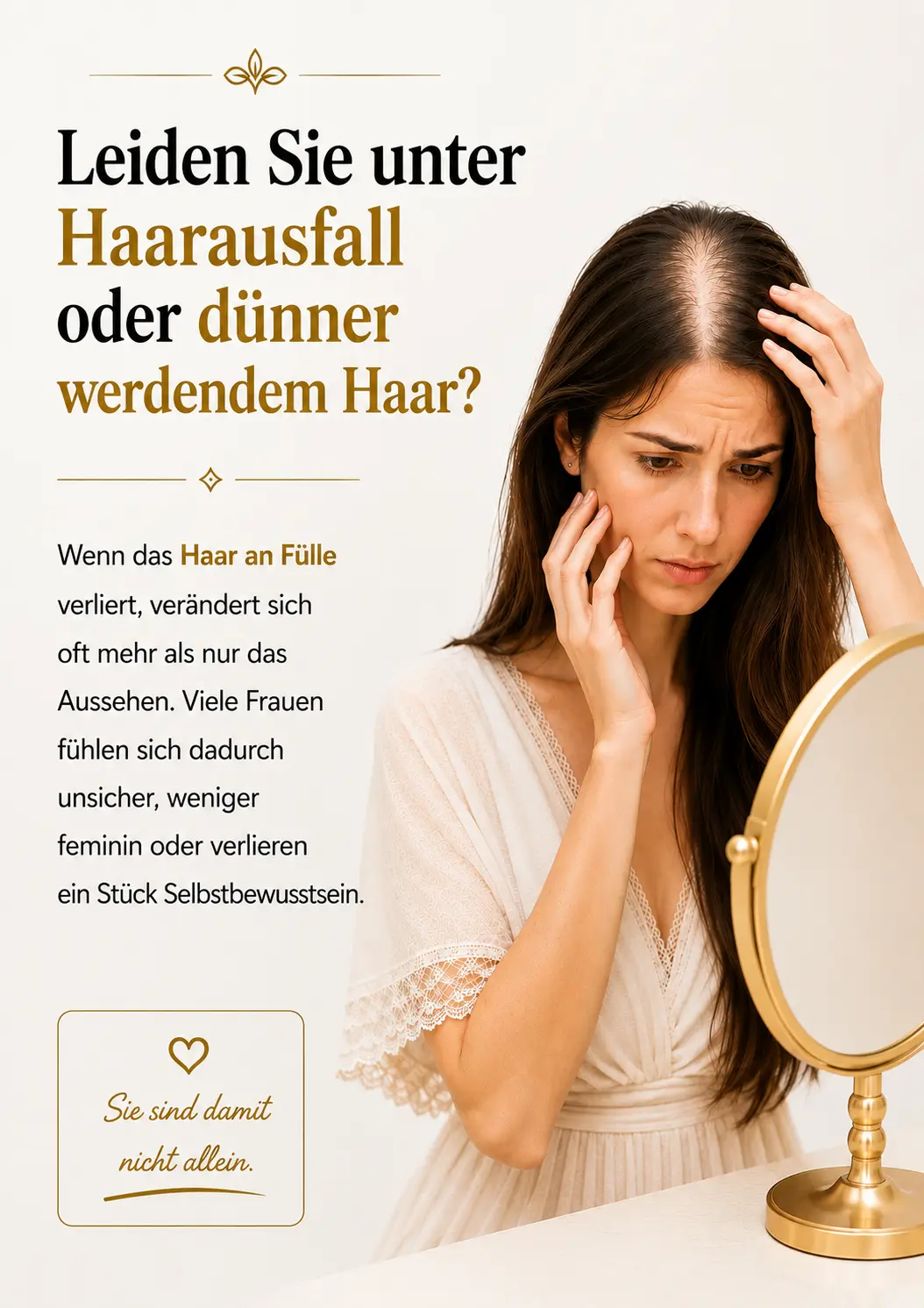Anti-Haarausfall Behandlung bei Friseur Style Nicole – Frau mit dünner werdendem Haar während einer emotionalen Beauty- und Haaranalyse in elegantem Salonambiente.